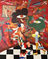 a painting of two people in a room with a checkered floor