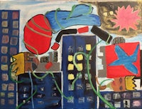 a painting of a city with a red balloon